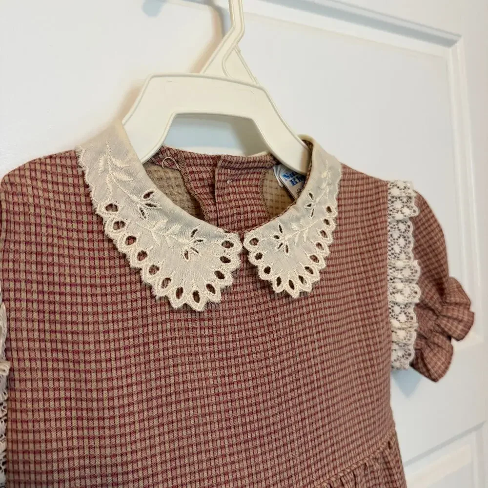 Vintage Nursery Rhyme Dress Plaid Lace Prairie Belk 24M 2T